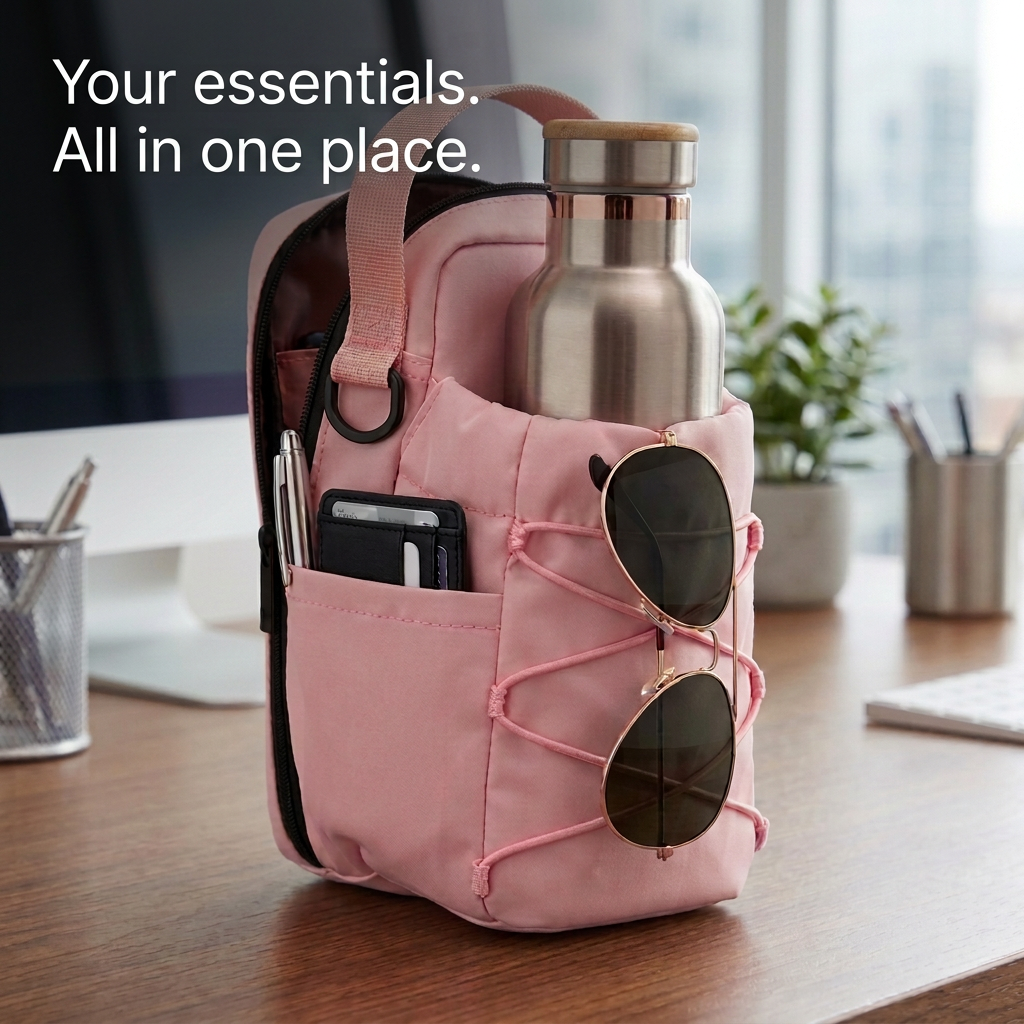 الحقيبة مع عبارة Your essentials. All in one place.